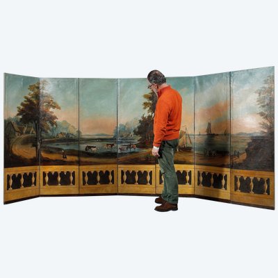SEVEN-LEAF FOLDING SCREEN IN PAINTED CANVAS, FRENCH WORK, CIRCA 1830