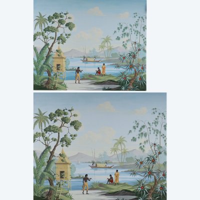 LARGE PAINTED DECORATIVE PANEL, EXOTIC SCENE, SIGNED LOWER RIGHT: J. HUBERT