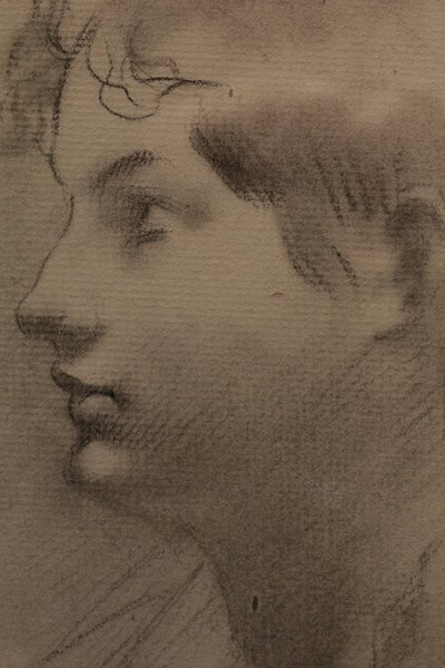 Dessin au fusain 'Portrait de femme de profil' signé Antonin Mercié (1845-1916)