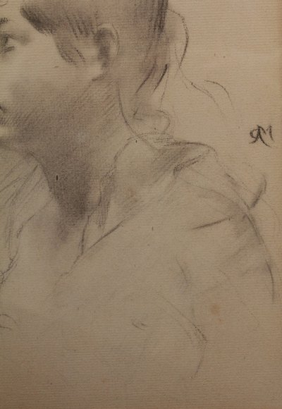 Dessin au fusain 'Portrait de femme de profil' signé Antonin Mercié (1845-1916)