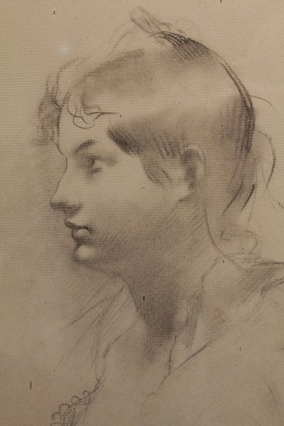 Dessin au fusain 'Portrait de femme de profil' signé Antonin Mercié (1845-1916)