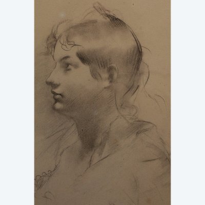 Dessin au fusain 'Portrait de femme de profil' signé Antonin Mercié (1845-1916)