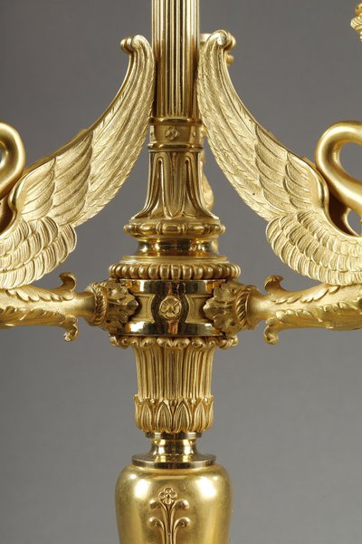 Paire de Flambeaux à trois lumières en bronze ciselé et doré Signés Barbedienne