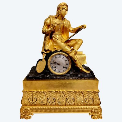 Clock with the "Painter Raphael" in gilded and patinated bronzes Restoration period 19th century