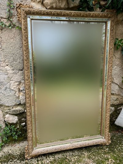 Miroir 1900 bois stuqué et doré, 179,5x119cm