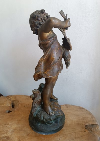 Auguste MOREAU Scultura Spelter "Il bambino con l'anatra" Medaglia d'oro