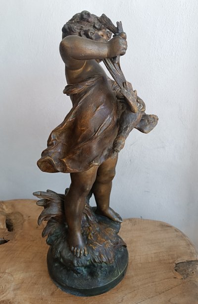 Auguste MOREAU Scultura Spelter "Il bambino con l'anatra" Medaglia d'oro