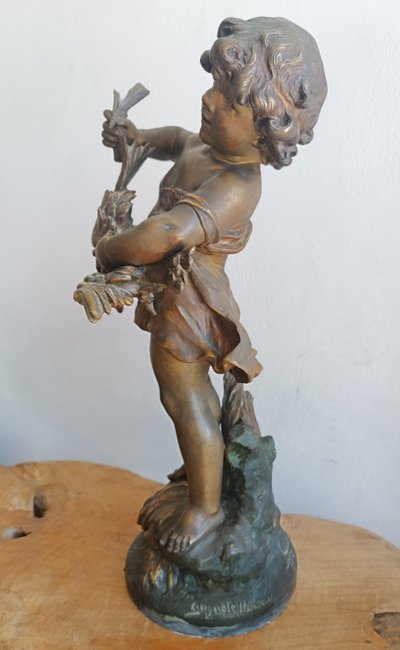 Auguste MOREAU Scultura Spelter "Il bambino con l'anatra" Medaglia d'oro