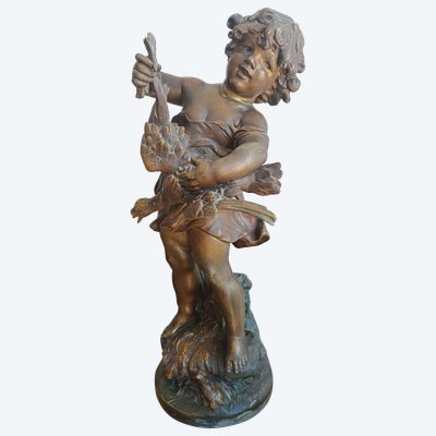 Auguste MOREAU Scultura Spelter "Il bambino con l'anatra" Medaglia d'oro