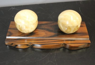 Art Deco Makassar Ebenholz Tintenfass und Stempel