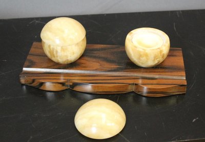 Art Deco Makassar Ebenholz Tintenfass und Stempel