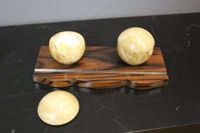 Art Deco Makassar Ebenholz Tintenfass und Stempel