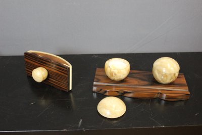 Art Deco Makassar Ebenholz Tintenfass und Stempel