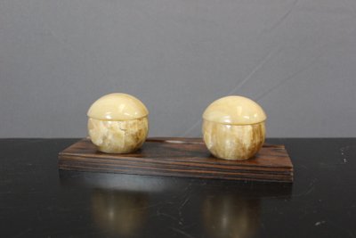 Art Deco Makassar Ebenholz Tintenfass und Stempel