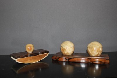 Art Deco Makassar Ebenholz Tintenfass und Stempel
