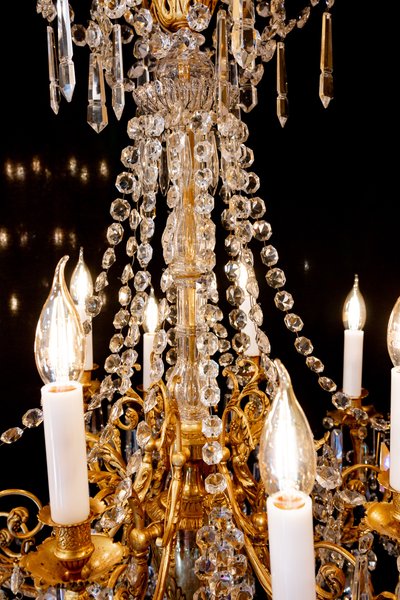 Louis XVI Style Chandelier in Gilt Bronze and Cut Crystal, Signed Portieux