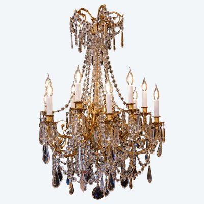 Louis XVI Style Chandelier in Gilt Bronze and Cut Crystal, Signed Portieux