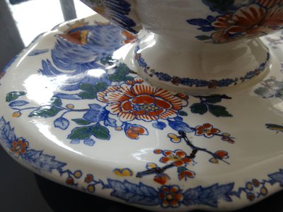 Gien factory. Earthenware sauce boat, Rooster and Peony model. Stamp from the 1930s-1960s.