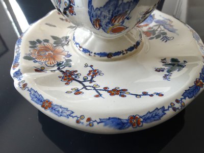 Gien factory. Earthenware sauce boat, Rooster and Peony model. Stamp from the 1930s-1960s.