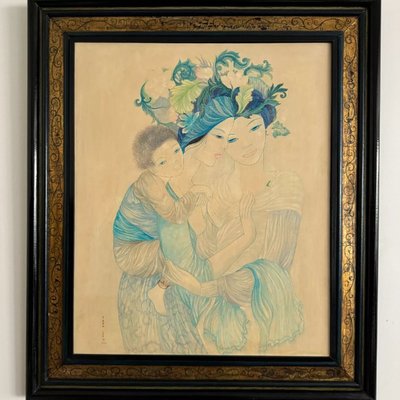 Silk painting Maternity 1970 by Tran-Long 20th century