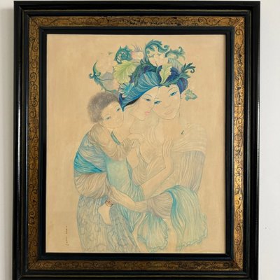 Silk painting Maternity 1970 by Tran-Long 20th century