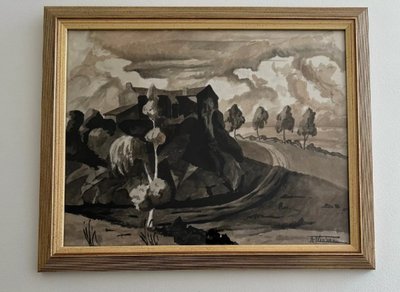 Watercolor on paper André-Charles Nauleau landscape with path 20th century