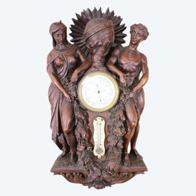 Carved Wooden Barometer-Thermometer Signed by E. Faivre 1908