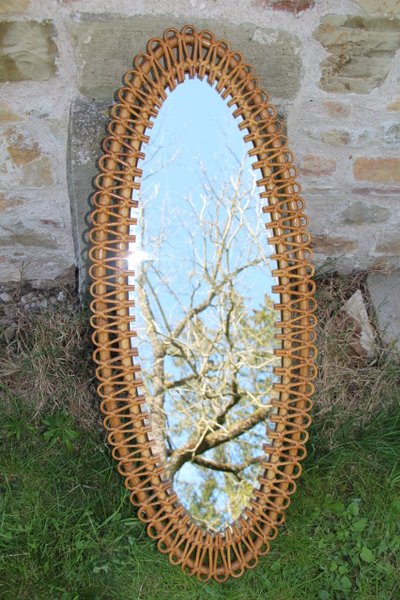 Large Oval Rattan Mirror by Franco Albini. Italy, 1960s