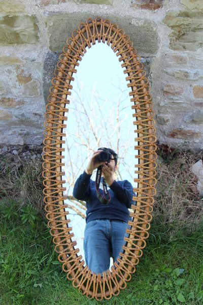 Large Oval Rattan Mirror by Franco Albini. Italy, 1960s