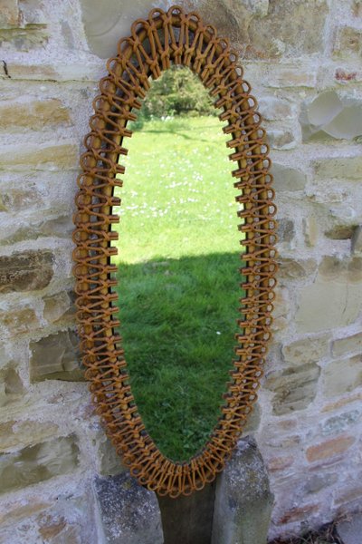 Large Oval Rattan Mirror by Franco Albini. Italy, 1960s