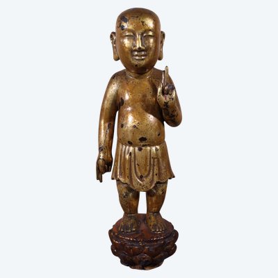 Buddha bambino in legno dorato, Cina, Vietnam, fine del XIX secolo