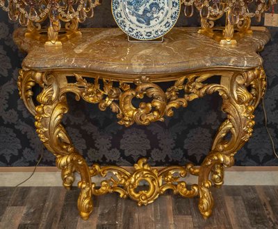 Carved and Gilded Wooden Console with Rocaille Decor, Italy, Late 18th Century