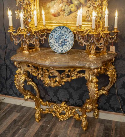 Carved and Gilded Wooden Console with Rocaille Decor, Italy, Late 18th Century