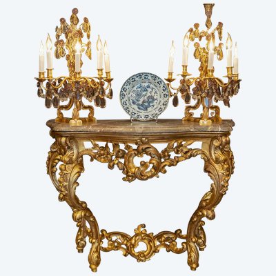 Carved and Gilded Wooden Console with Rocaille Decor, Italy, Late 18th Century