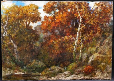 Eduard Paul RÜDISÜHLI, Paesaggio autunnale: fiume, rocce e sottobosco