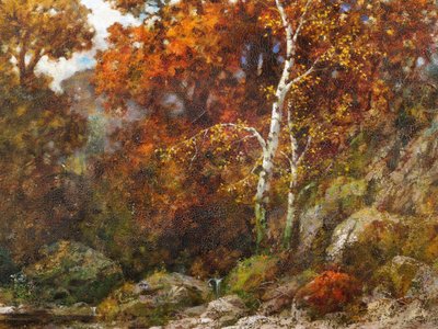 Eduard Paul RÜDISÜHLI, Paesaggio autunnale: fiume, rocce e sottobosco