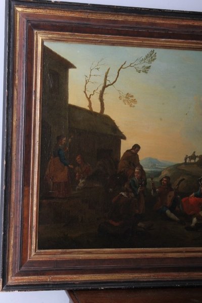 Antico dipinto olio su tela fiammingo epoca XIX sec . Grande qualità scena rurale campestre. Mis 96 