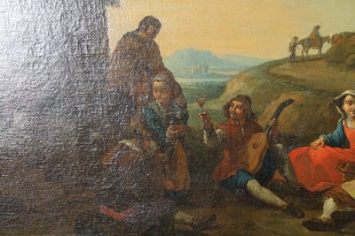 Antico dipinto olio su tela fiammingo epoca XIX sec . Grande qualità scena rurale campestre. Mis 96 