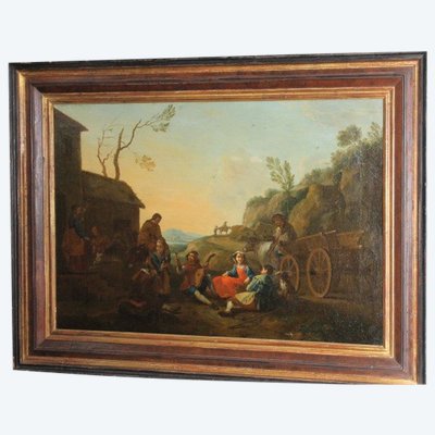 Antico dipinto olio su tela fiammingo epoca XIX sec . Grande qualità scena rurale campestre. Mis 96 