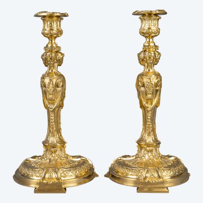 After Robert-Joseph Auguste - Vestal Virgins Pair of Louis XVI Style Gilt Bronze Candlesticks, circa