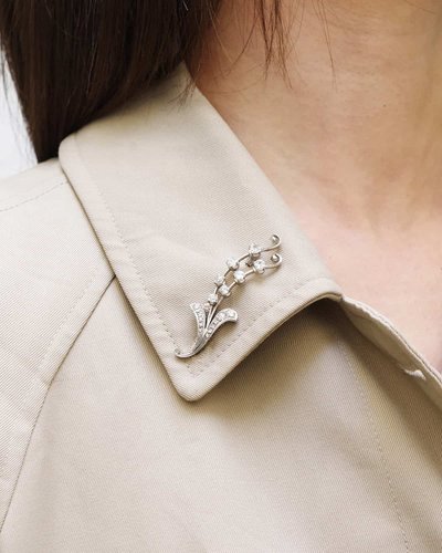 Retro 18k Gold Diamant Maiglöckchen Brosche, Monat Mai, Maiglöckchenzweig, Glück, Glücksbringer 