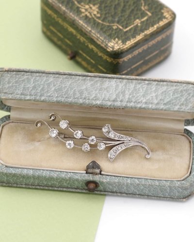 Retro 18k Gold Diamant Maiglöckchen Brosche, Monat Mai, Maiglöckchenzweig, Glück, Glücksbringer 