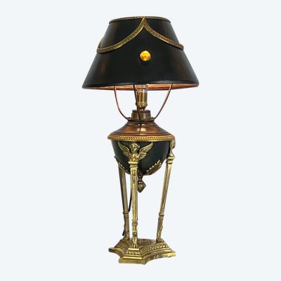 ANTIQUE EMPIRE STYLE LAMP IN BRONZE AND BRASS WITH DECORATED SHEET METAL LAMPSHADE