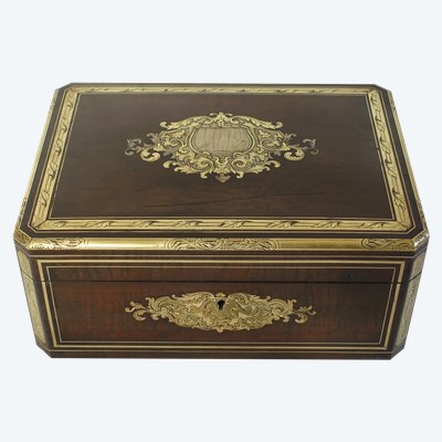 Large Napoleon III jewelry box / cassette in brass and mother-of-pearl marquetry