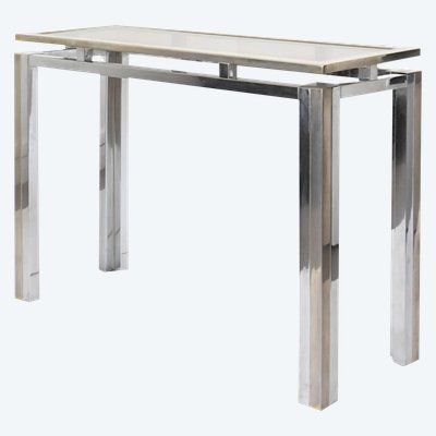 Rectangular console table in brushed steel. Guy Lefèvre for Maison Jansen