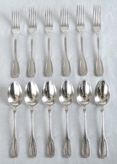 Louis XVI style cutlery set in solid silver for 12 people - 24 pieces - Minerva hallmark