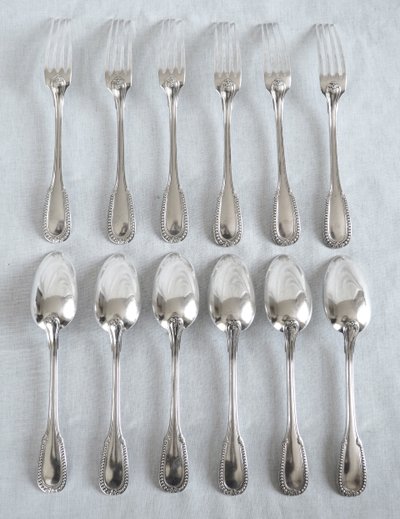 Louis XVI style cutlery set in solid silver for 12 people - 24 pieces - Minerva hallmark