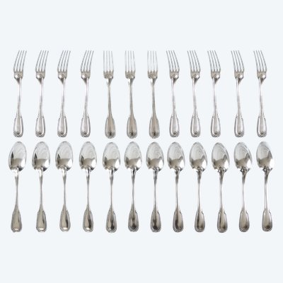 Louis XVI style cutlery set in solid silver for 12 people - 24 pieces - Minerva hallmark