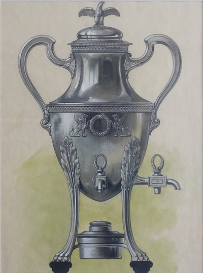 Gouache - dessin d'orfèvrerie : samovar en argent massif de style Empire encadrée - 47,5cm x 58cm