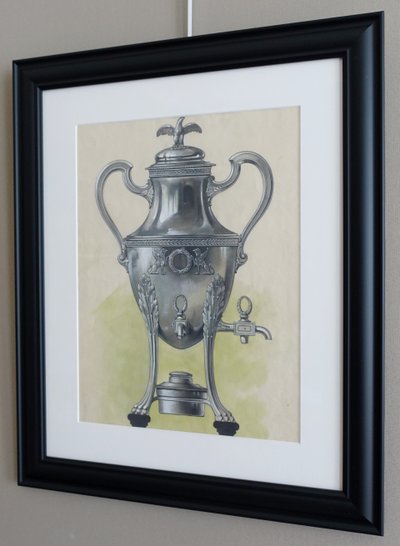 Gouache - dessin d'orfèvrerie : samovar en argent massif de style Empire encadrée - 47,5cm x 58cm